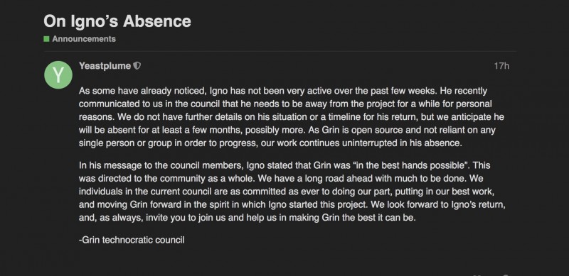 像中本聪一样消失，Grin创始人宣布暂时离开该项目