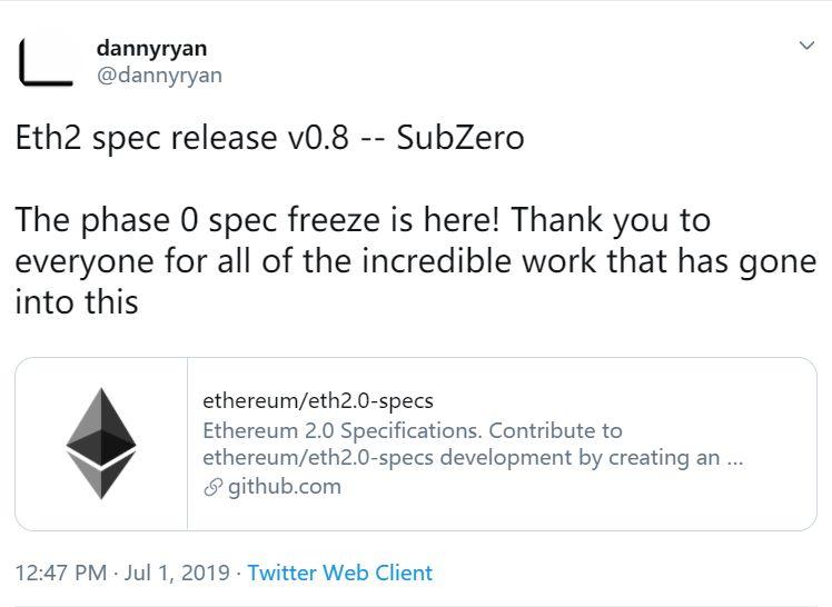 以太坊2.0阶段0规范已冻结，我们距离信标链阶段 Staking 又近了一步！